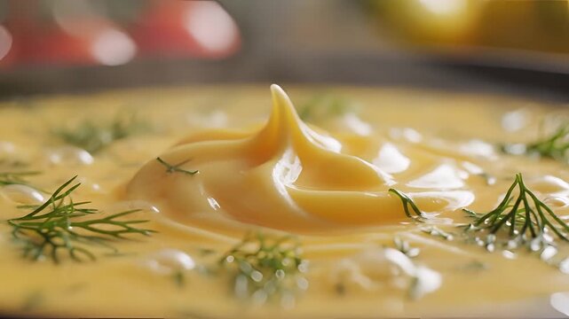 Closeup of Creamy Pasta Dish with Fresh Dill Garnish.
