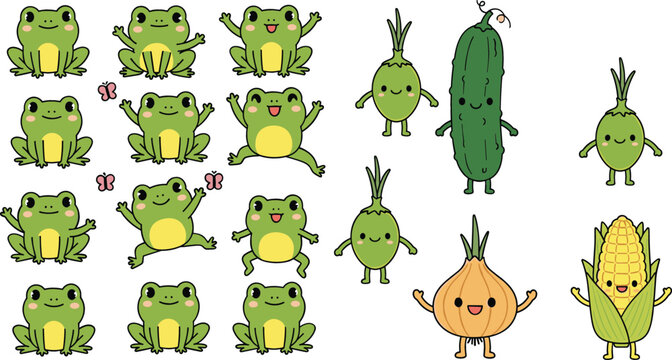 Cute frogs and vegetables characters set with cucumber onion corn and playful poses cartoon vector illustration isolated on white background for kids design