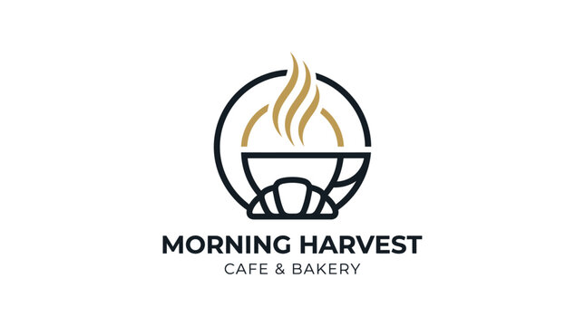 Golden morning harvest cafe logo with steaming bowl and leaf