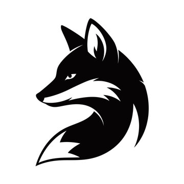 A sleek and modern black silhouette of a fox's head, looking left with sharp features and white highlights, representing cunning and wild nature.