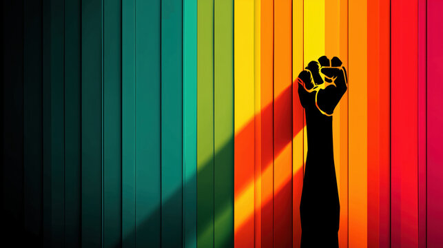 Rainbow stripes with raised fist silhouette symbolize equality