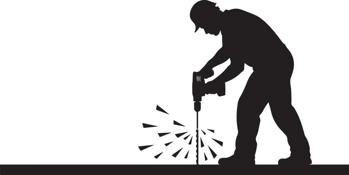 Black silhouette of man drilling into ground with power tool