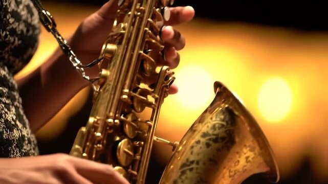 Close up of hands playing a shiny brass saxophone with golden lighting background