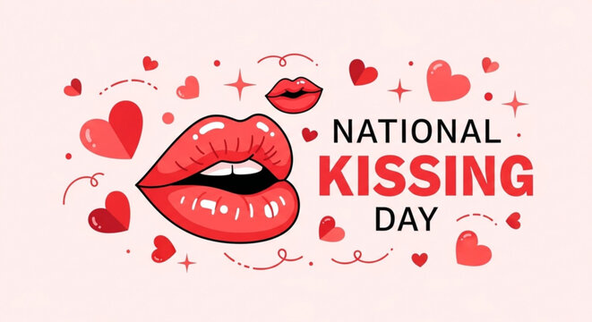 Red lips with heart shapes and sparkles celebrate national kissing day in a playful romantic design with bold text on a light pink background