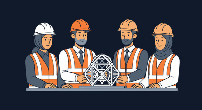 Engineers team illustration showing diverse construction professionals wearing safety hard hats and orange reflective vests working together on a complex industrial geometric project model blueprint d