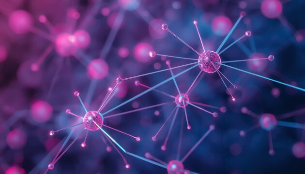 Close-up of a glowing purple abstract molecular structure with radiating lines against a dark background digital art tech background science background connection background