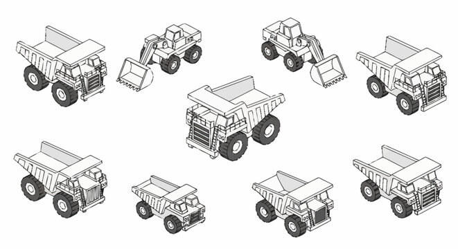 Collection of isometric construction vehicles including dump trucks and excavators in a clean line art style.