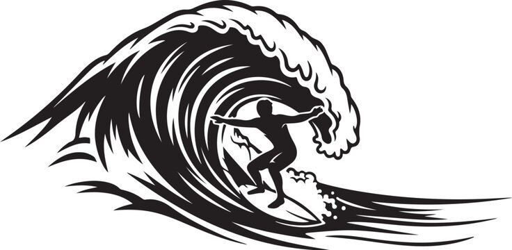 Black silhouette surfer riding large wave on surfboard