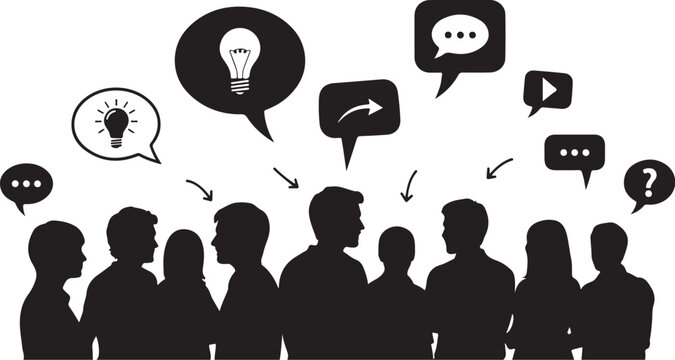 Black silhouettes of people with speech bubbles and chat