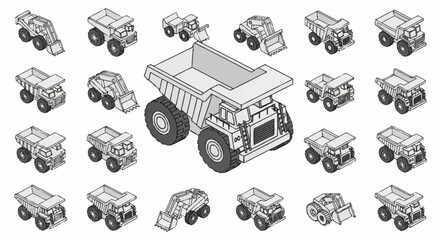 Collection of isometric construction vehicles and heavy machinery, including dump trucks and excavators, isolated on a white background. © Temenan