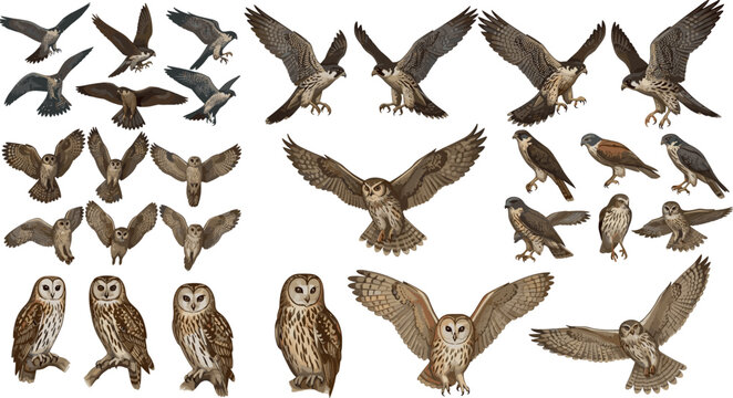 Realistic birds of prey and owls vector set featuring eagles hawks falcons and owls in flight and perched positions