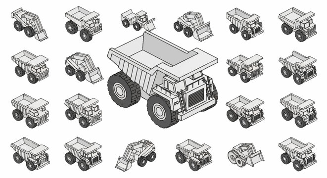 Collection of isometric construction vehicles and heavy machinery, including dump trucks and excavators, isolated on a white background.