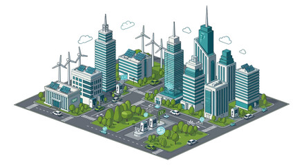 Obraz premium Sustainable cityscape with skyscrapers and wind turbines in a green environment