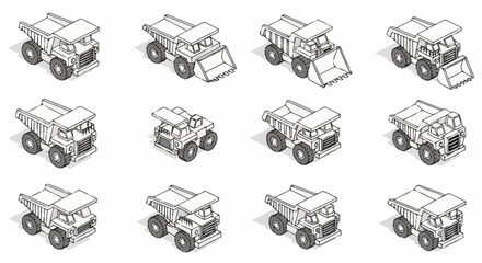 Collection of isometric dump trucks and construction vehicles in a clean line art style. © Temenan