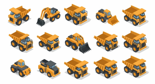 Collection of isometric construction vehicles and heavy machinery on a white background.