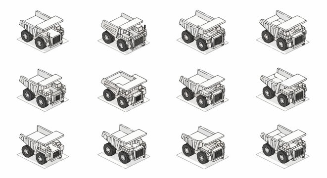 Isometric illustration of multiple dump trucks arranged in a grid pattern, symbolizing mining or construction industry logistics.