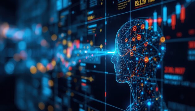 Artificial intelligence head profile with data streams and digital network connections abstract background technology background neural network big data futuristic technology