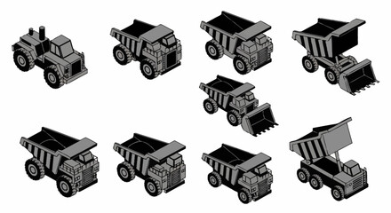 Collection of isometric construction vehicles including dump trucks and excavators in grayscale. © Temenan