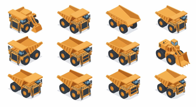 Collection of isometric construction vehicles including dump trucks and loaders in various poses.