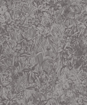 Seamless abstract background featuring a sophisticated botanical pattern with wild flowers and plants in a grey monotone palette