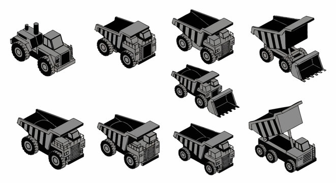 Collection of isometric construction vehicles including dump trucks and excavators in grayscale.