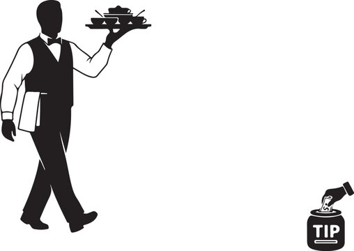Waiter carrying tray with dishes and tip jar server food