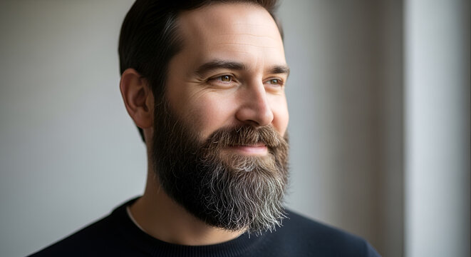 Portrait of a smiling man with a full beard looking to the side with soft natural light