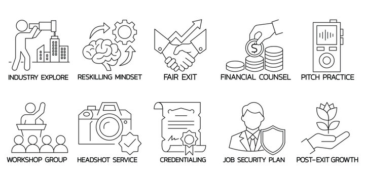 Outplacement support icons financial counsel pitch practice job security post exit growth.Editable stroke, Vector illustration, Line art Icon, Symbols.	