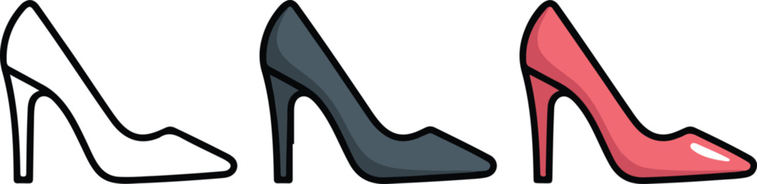 Elegant high heel stiletto pump shoe icon set in outline silhouette and pink colors for fashion retail footwear shop and glamour lifestyle flat vector illustration
