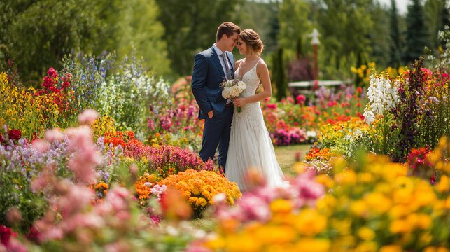 Romantic bride and groom standing in a colorful flower garden on a beautiful wedding day