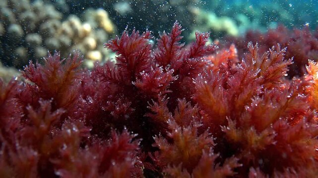Vibrant red coral reef underwater scene with sea fan