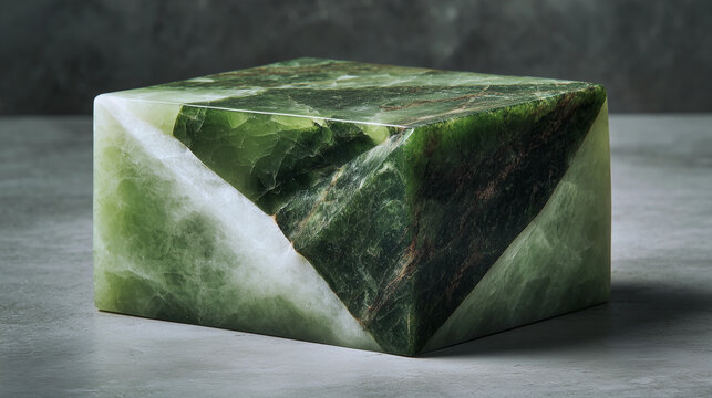 Cube shaped jade chunk on a clean surface, highlighting natural green mineral texture and gemstone detail