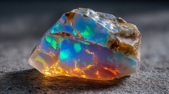 Raw opal stone chunk on a clean surface with colorful iridescent texture and natural mineral detail