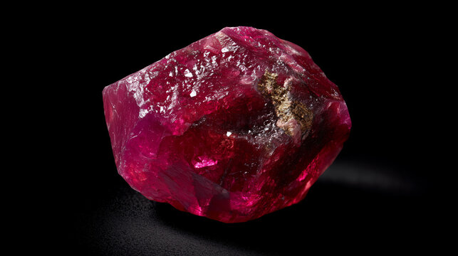 Raw ruby crystal chunk on a dark background, showing natural texture, deep red color, and gemstone detail