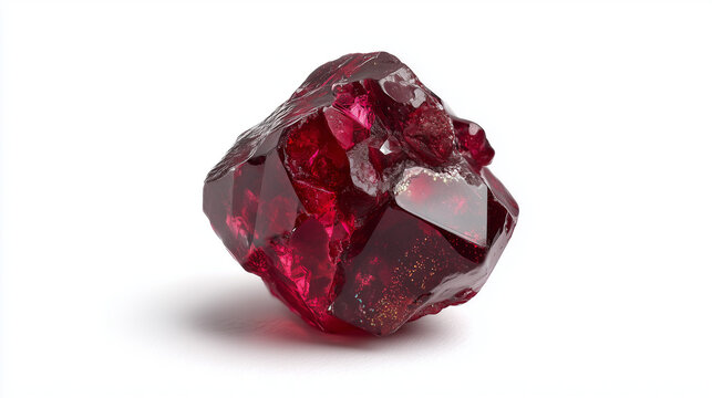 Raw ruby gemstone chunk on white background, showcasing natural red crystal texture and mineral detail
