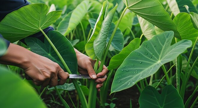 Person cutting plants with a knife in a lush green garden setting outdoors