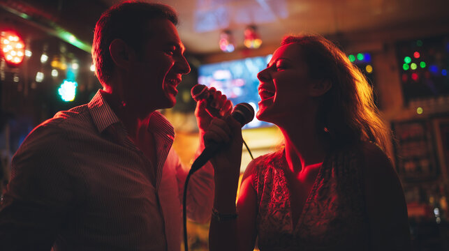 Couple singing karaoke together in dark party room with colorful neon lights