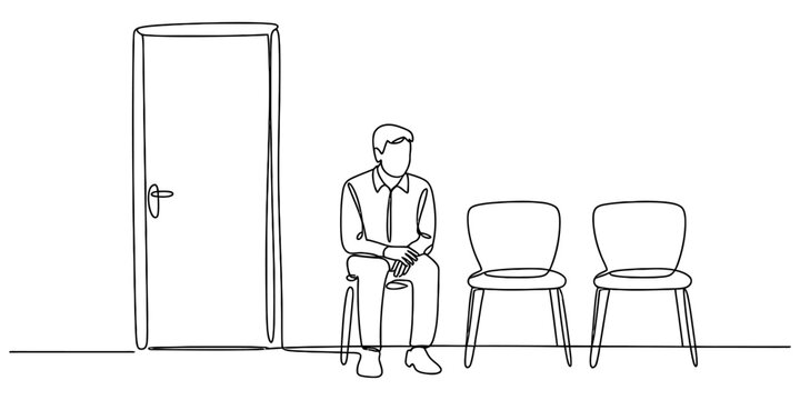 A man sitting on a chair in a waiting room next to a closed door drawn in a continuous single line art style