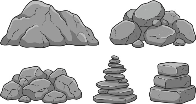 Cartoon Rock and Stone Vector Set with Boulders, Pebbles, Stacked Stones and Mountain Rocks for Nature Landscape and Game Design