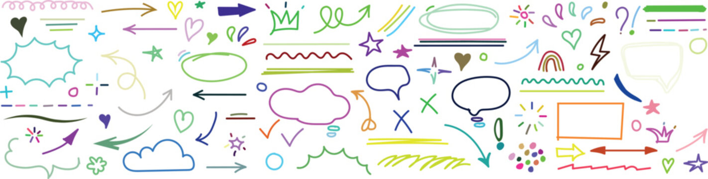 Hand-drawn doodle set with colorful arrows, speech bubbles, hearts, stars, and lines