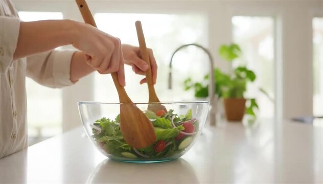Gentle Hands Tossing Fresh Green Salad with Wooden Servers in Glass Bowl &ndash; Bright Kitchen Close-Up for Healthy Recipe, Quick Lunch, and Fresh Meal Prep Videos