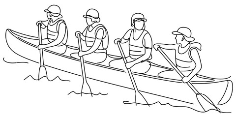 Group of four people wearing life jackets paddling together in a long canoe on the water in a simple black and white line art vector illustration style © Kailash Roy