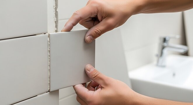 professional worker installing ceramic wall tiles in a modern bathroom renovation