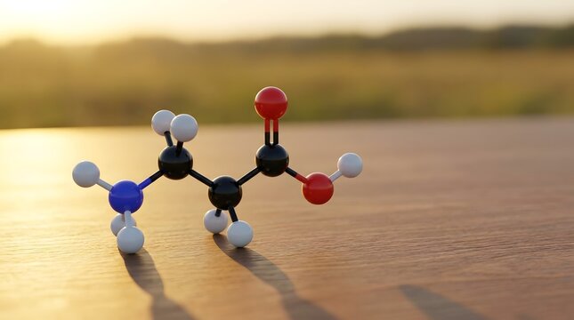 Molecular model of Glycine amino acid with red and white spheres against a blurred golden sunset field
