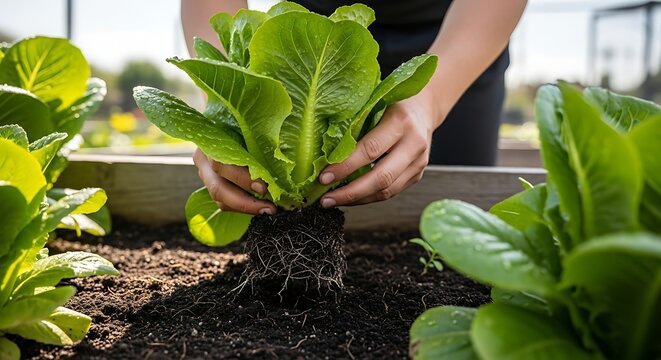 Person carefully planting lettuce seedlings in a garden bed outdoors