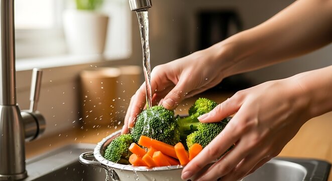 Washing Fresh Broccoli and Carrots in a Kitchen Sink