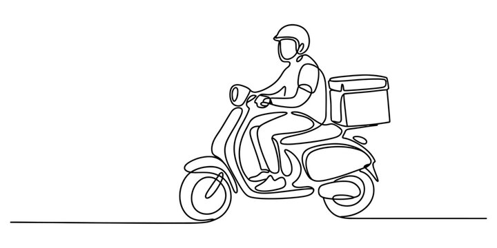 Continuous single line drawing of a delivery man riding a scooter motorbike with a food box package box on the back for fast shipping and courier services