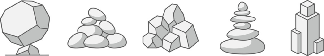 Minimal Outline Stone Rock Icon Set Featuring Geometric Boulder Pebble Stack and Abstract Rock Formations for Game Assets UI Design and Landscape Illustration © tofajjol studio
