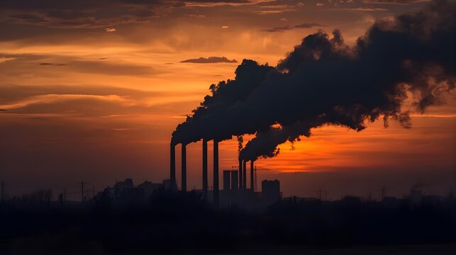 Industrial factory chimneys emitting smoke against a vibrant sunset sky, symbolizing pollution and environmental impact