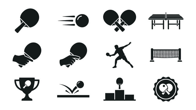 Black table tennis icons set including paddles balls net player trophy and medal on white background for sports design